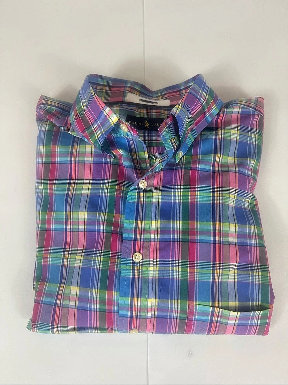 Ralph Lauren Madras Plaid Button Down Shirt in Blue & Pink Green Size LT